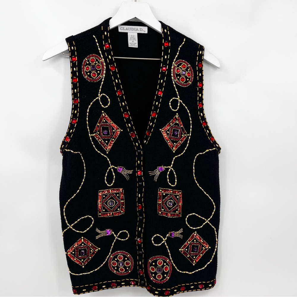 Vintage Claudia D Christmas Sweater Vest Black Embellished Beaded Size Medium